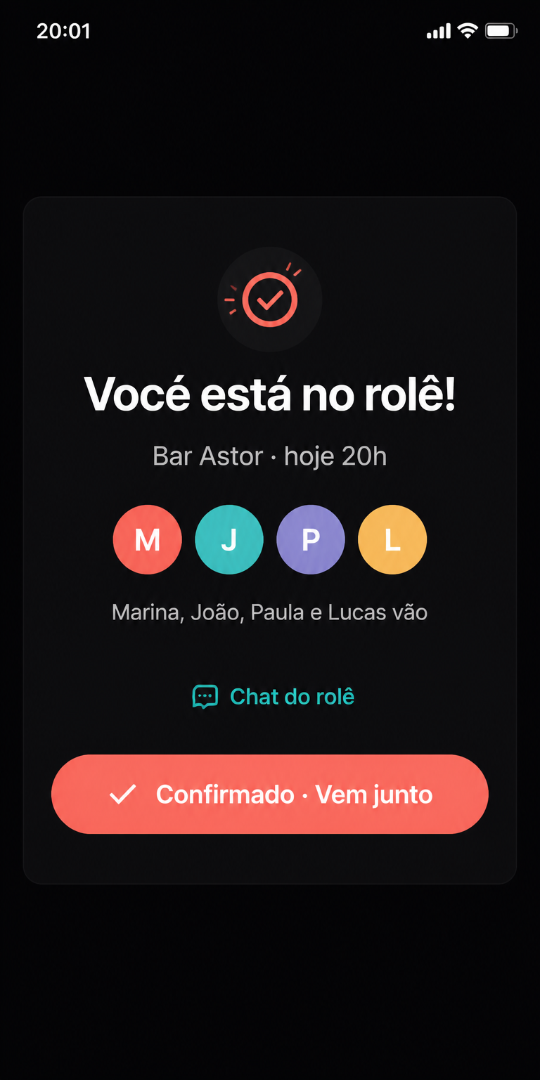 Tela mostrando confirmação de presença no rolê