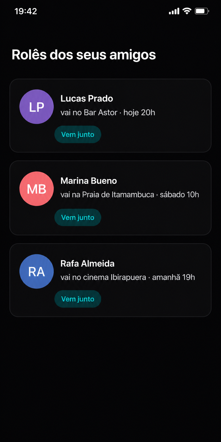 Tela mostrando um feed de rolês dos amigos